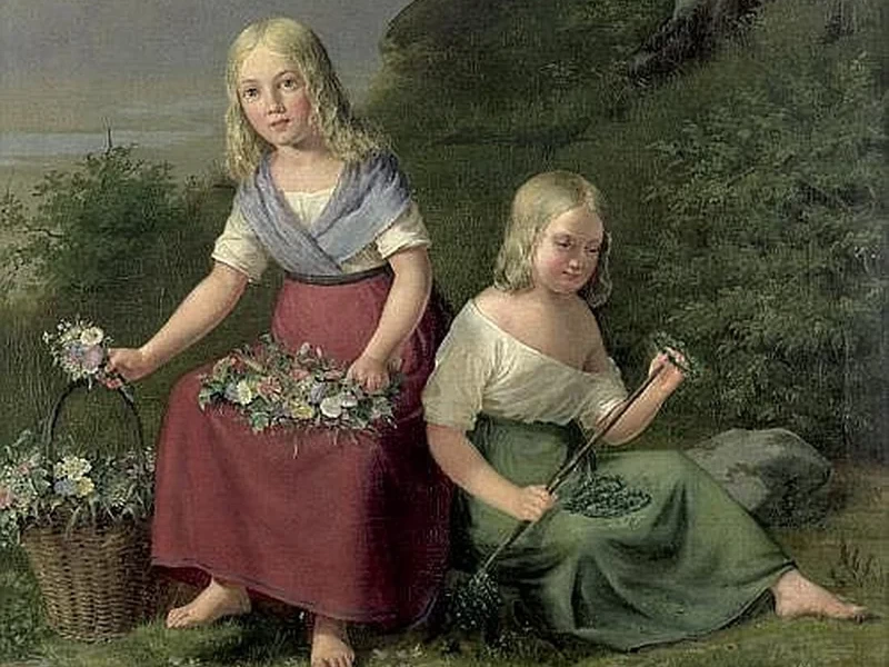 1809-Frederik Ferdinand Helsted - Due ragazze intrecciano ghirlande per la festa di mezza estate